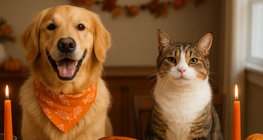 Cat and dog sitting in front of festive dinner table posted by Pixel Pounce