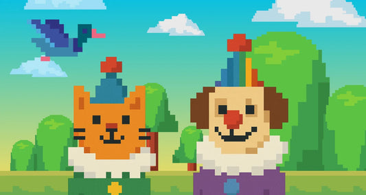 8 bit pixel art of a cat and dog dressed in clown costume posted by Pixel Pounce
