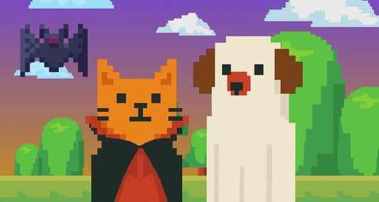 8 bit pixel art of a dog and cat in Halloween costumes posted by Pixel Pounce