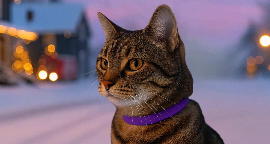 Cat outdoors wearing Pixel Pounce's SnuggleStrap Calming Collar for Cats