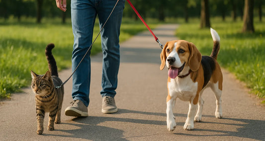 AI generated image of cat and dog being walked on a leash posted by Pixel Pounce
