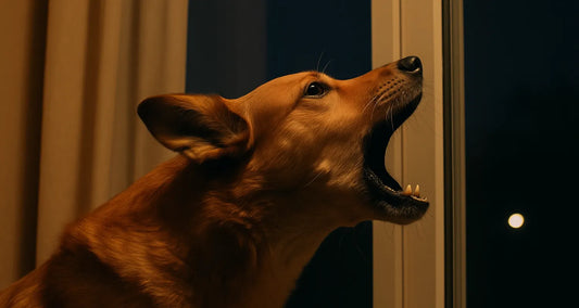 AI generated image of a dog barking at a window at nighttime posted by Pixel Pounce