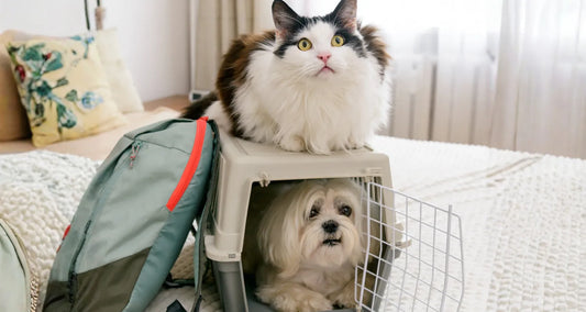 Cat on top of a pet carrier with a small dog inside reposted by Pixel Pounce